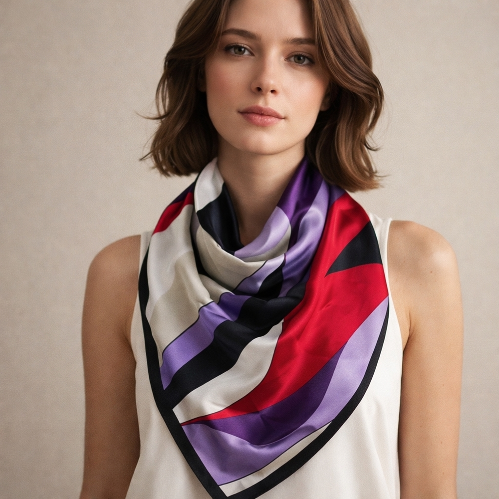 Echo Designer Silk Scarf Black Purple Red Ivory